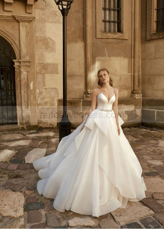 Beaded Straps Ivory Satin Organza Ruffled Modern Wedding Dress